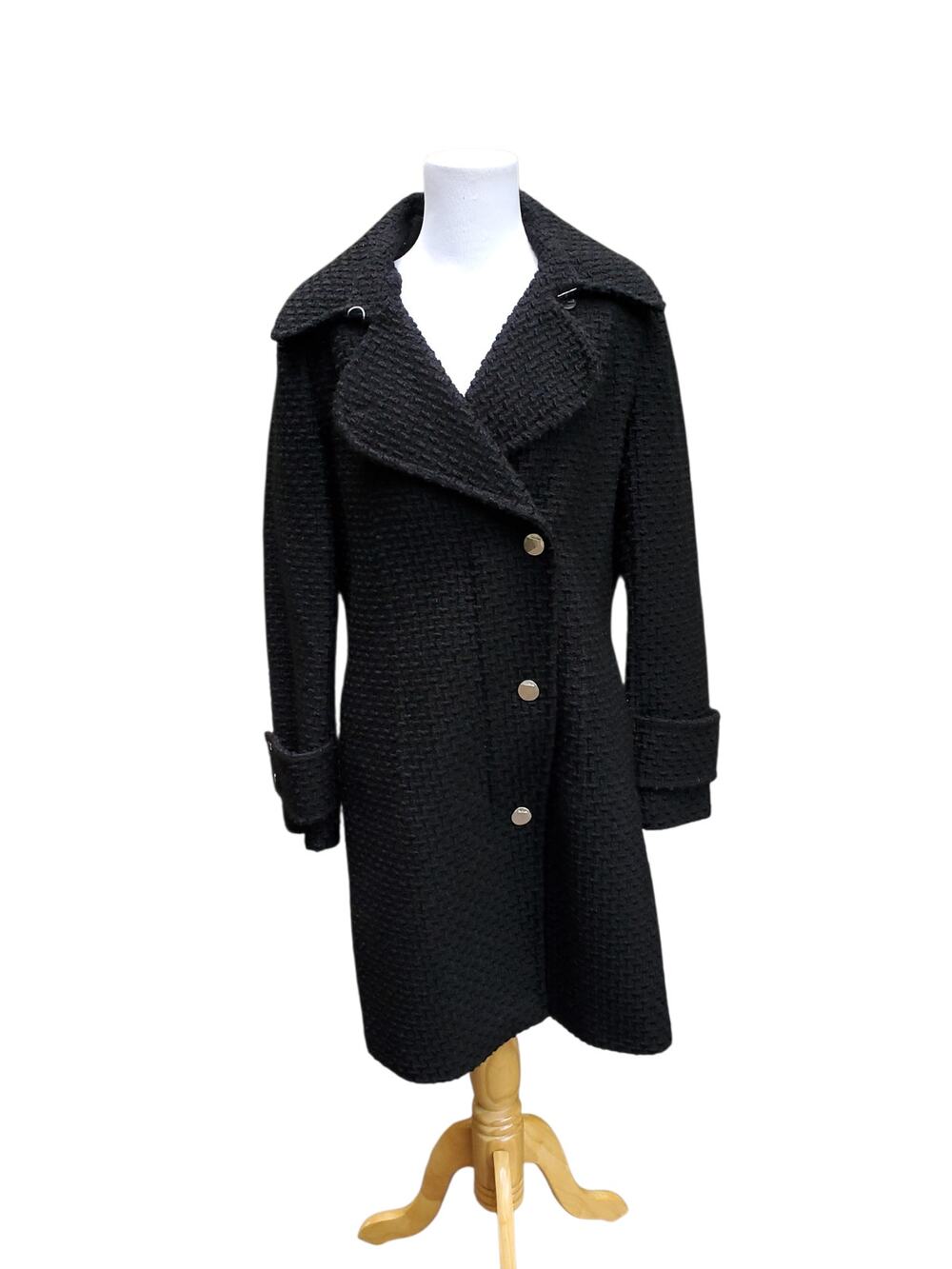 Calvin Klein Black Textured Boucle Wool Blend Overcoat Quiet Luxury Old Money 12
